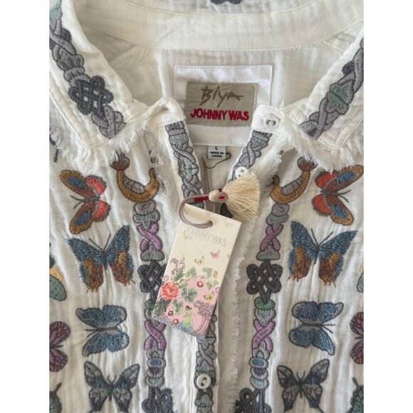 Johnny Was Women’s Boho Butterfly Embroidered Shirt Long Sleeve L White Cotton - Picture 8 of 11